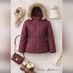🧥✨ Vintage 80s Burgundy Quilted Puffer Jacket Faux Fur Hood ✨🧥